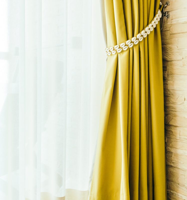 Beautiful luxury Window curtains decoration in bedroom interior with copy space for background - Vintage Light Filter